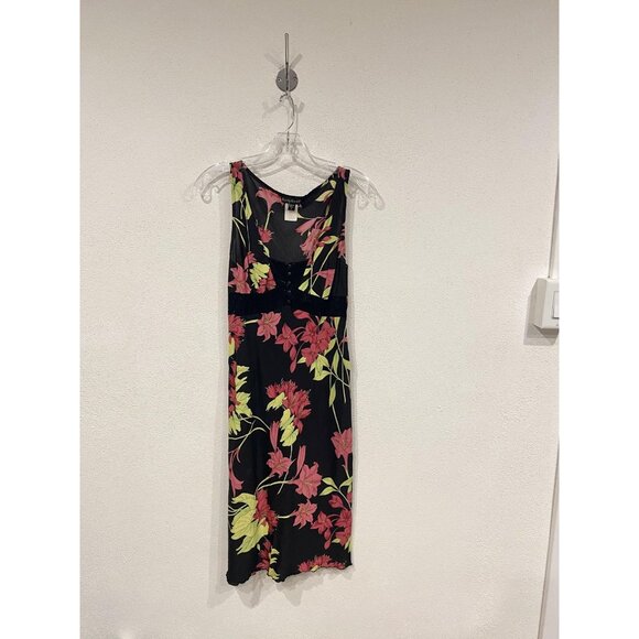 Bebe Dress Womens Small Black Pink Floral Sheer Lace Midi Slip Made USA Y2K - Picture 1 of 6